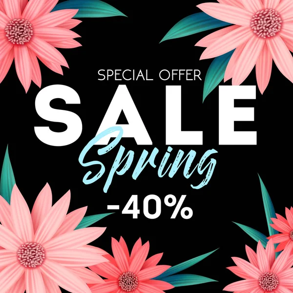 Spring sale banner, special offer, advertising with pink flowers — Stock Vector
