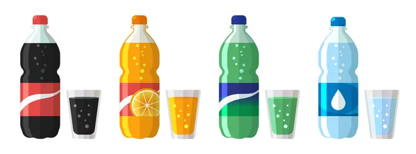 Satu set botol plastik air dan soda manis dengan gelas. Ilustrasi ikon soda air vektor datar diisolasi pada warna putih - Stok Vektor