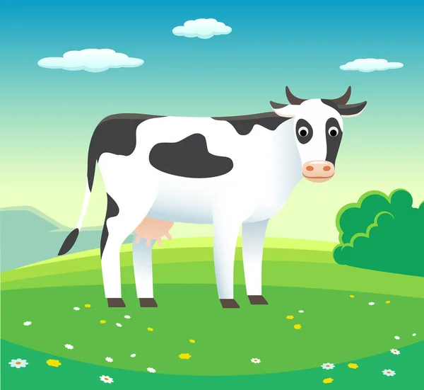 Paisaje rural con vaca en el prado, vector - ilustración de fondo para productos lácteos — Vector de stock