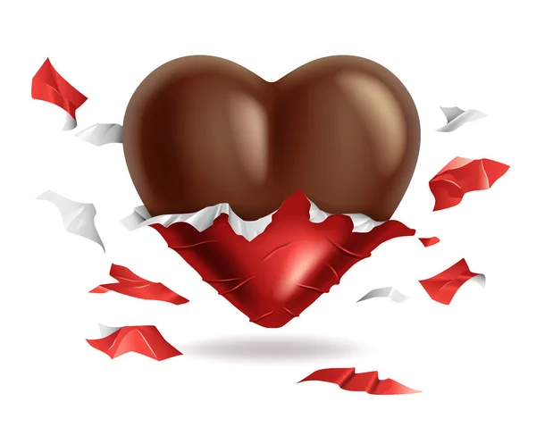 Corazón de chocolate en paquete de lámina roja desgarrada, dulces de San Valentín, regalo dulce — Vector de stock