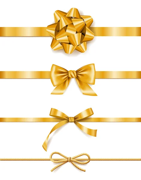 Set di nastri dorati con fiocchi, decorazione per scatole regalo, elemento di design — Vettoriale Stock