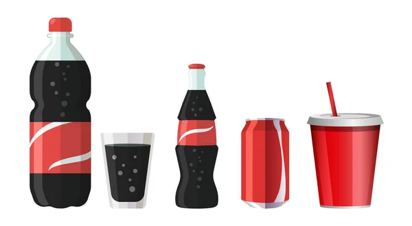 Sodovka v láhvi, skleničce, nádobě, skleněné láhvi a plastovém skle se slámou. — Stockový vektor