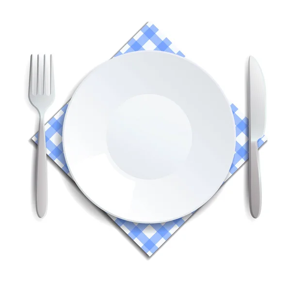 Realistische lege plaat, vork en mes geserveerd op een geruite servet vector illustratie. Kan worden gebruikt voor reclame — Stockvector