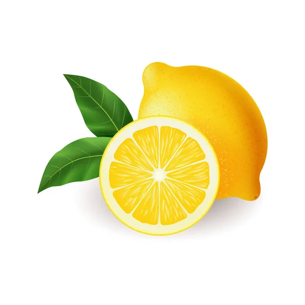 Realistische leuchtend gelbe Zitrone mit grünem Blatt ganz und aufgeschnittenen Vektor — Stockvektor