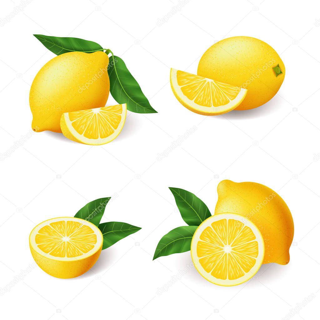 Realistic lemon with green leaf whole and sliced set, sour fresh fruit, bright yellow peel, set of lemons vector illustration isolated on white background