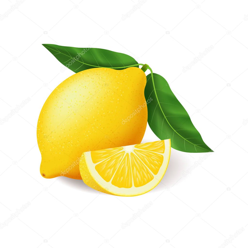 Realistic lemon with green leaf whole and sliced, sour fresh fruit, bright yellow peel, lemon vector illustration isolated on white background