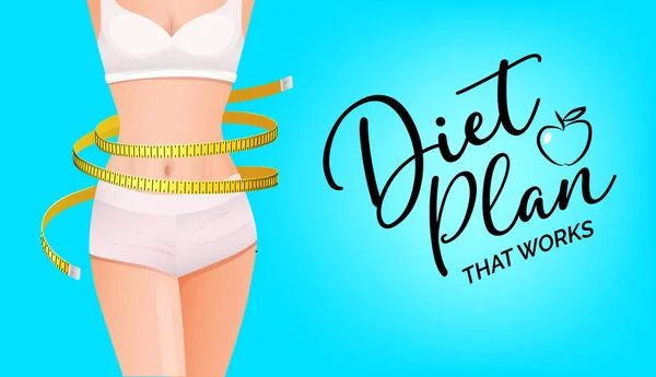 Bel sarı ölçü bant ile ince kadın vücut - Diyet Planı afiş — Stok Vektör