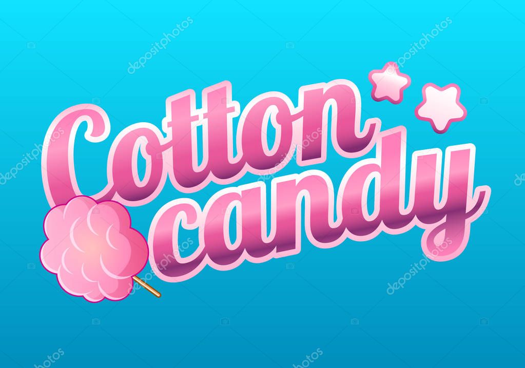 Colorful cotton candy shop logo, label or emblem in cartoon style. Concept for posters, banners, packing and packages, advertisement. Vector illustration.