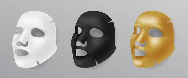 Ustaw białą, złotą i czarną maskę na twarz, zabiegi kosmetyczne, odmodowanie, realistyczne ilustracji wektor na białym tle. — Wektor stockowy
