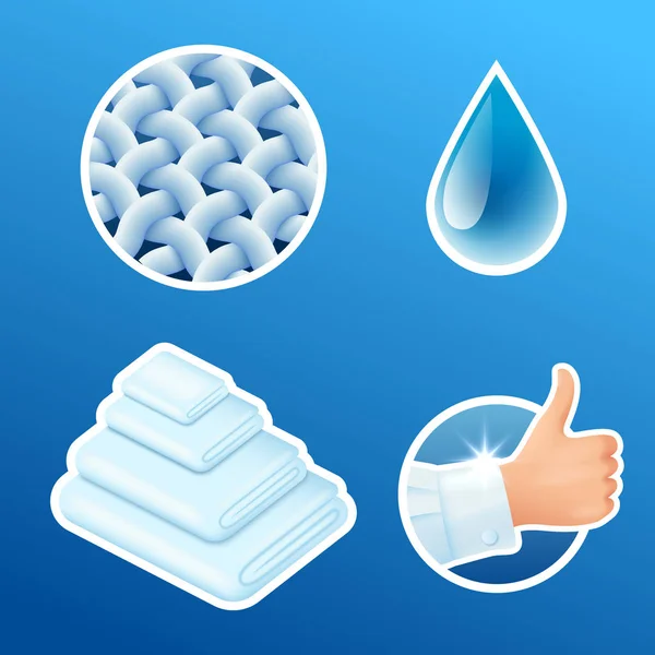 Lavado de ropa pegatinas conjunto, ropa limpia, fibras, gota de agua, pulgares hacia arriba iconos aislados, vector de ilustración . — Vector de stock