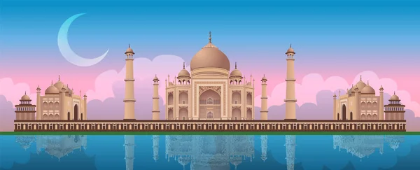 Puesta de sol en Taj Mahal en Agra, India, vector panorámico — Vector de stock