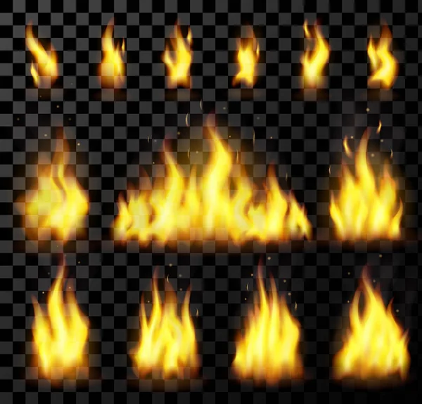 Vermelho fogo realista definido em um fundo transparente. para conceito de perigo ou web design. Conjunto de chamas e fogo vermelho —  Vetores de Stock