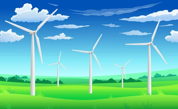 Moinhos de geradores de vento branco, turbina eólica no campo verde, conceito ecológico de energia eólica — Vetor de Stock