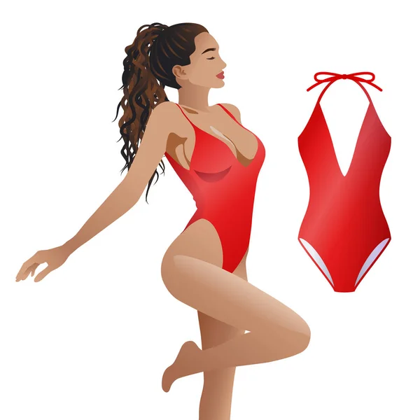 Hermosa chica bronceada con el pelo rizado usando traje de baño rojo, atractiva mujer joven, animadora o modelo de moda, blogger de moda, posando modelo de ropa interior, ilustración vectorial . — Vector de stock