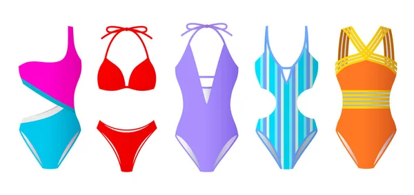 Zestaw kobiet stroje kąpielowe, kolorowe bikini i Monokini, ubrania plażowe — Wektor stockowy