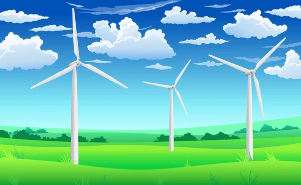 White wind generators mills, wind turbine on green field, wind energy eco concept — 스톡 벡터