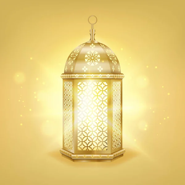 Einzelne realistische goldene arabische Laterne - goldglänzendes Vintage-Metall Laterne mit arabischem Muster, Vektorillustration — Stockvektor