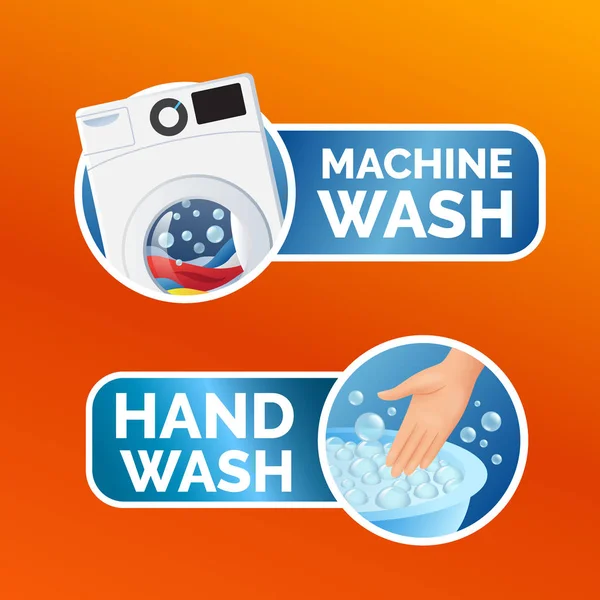 Wäscheaufkleber-Set, Anleitung, buntes Maschinenwaschsymbol und Handwaschsymbol für Etikett, Vektorabbildung isoliert. — Stockvektor
