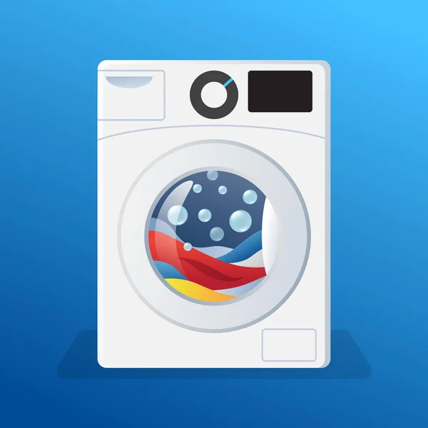 Wasmachine sticker, wasmachine met kleding, linnen en schuim bubbels binnen, vector illustratie geïsoleerd. — Stockvector