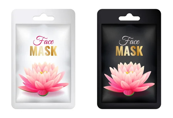 Set witte en zwarte cosmetische gezichtsmasker individuele pakket mock up met roze Lotus — Stockvector
