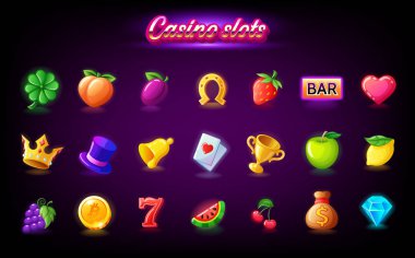 Colorful slots icon set for casino slot machine, gambling games, icons for mobile arcade and puzzle games vector clipart