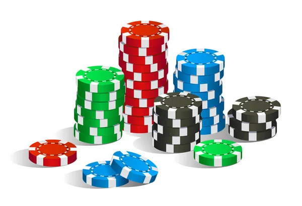 Πολύχρωμη κόκκινη, πράσινη, μπλε και μαύρη στοίβα τσιπ καζίνο απομονωμένη — Διανυσματικό Αρχείο