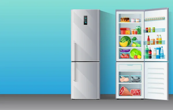 Nápis s moderním šedochromovanou lednicí, uzavřená a otevřená s barevnou zásobou potravin uvnitř: ovoce, zelenina, mléko, nápoje a zmrazené maso, kuchyňské zařízení, vektorová ilustrace. — Stockový vektor