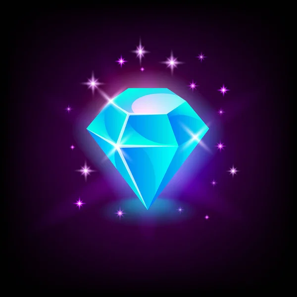 Błyszczący niebieski diament, kamień szlachetny, ikona szczeliny dla kasyna online lub logo do gry mobilnej na ciemnym tle, ilustracja wektorowa. — Wektor stockowy
