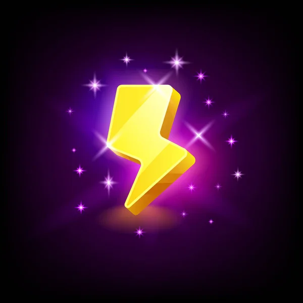Leuchtend gelbes Blitz-Symbol für Online-Casino oder Logo für Handyspiel auf dunklem Hintergrund, Vektor-Illustration. — Stockvektor