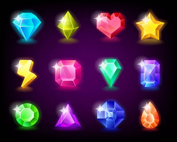Joyas engastan piedras mágicas con destellos para el diseño de juegos móviles. Ilustración vectorial . — Vector de stock