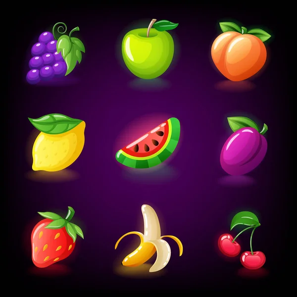Juego de iconos de tragamonedas de frutas coloridas para máquinas tragamonedas de casino, juegos de azar, iconos para arcade móvil y vector de juegos de rompecabezas — Vector de stock