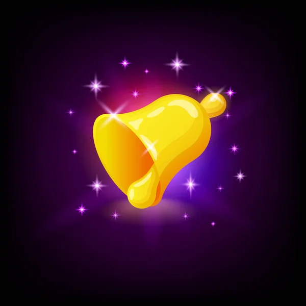 Golden Bell med gnistrar, slot Icon för online casino eller logotyp för mobil spel på mörk lila bakgrund, vektor illustration — Stock vektor