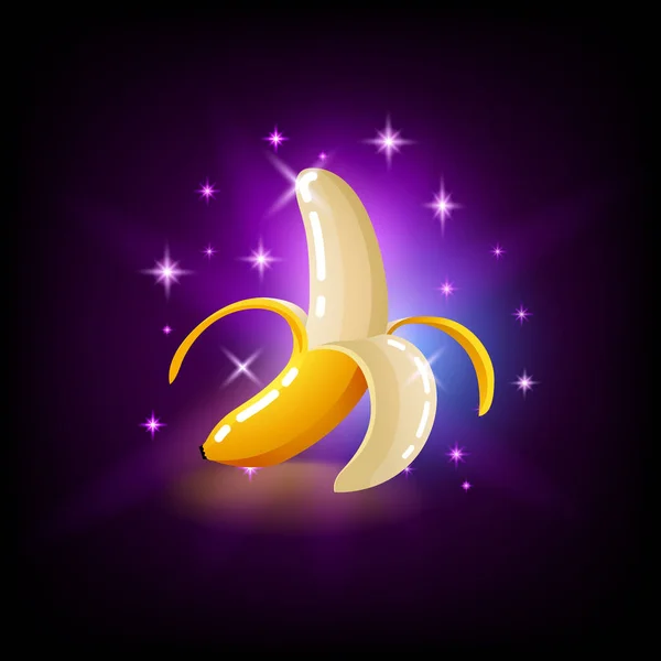 밝은 노란색 바나나 과일 반짝임, 어두운 보라색 배경에 모바일 게임을위한 온라인 카지노 또는 로고 슬롯 아이콘, 벡터 일러스트. — 스톡 벡터
