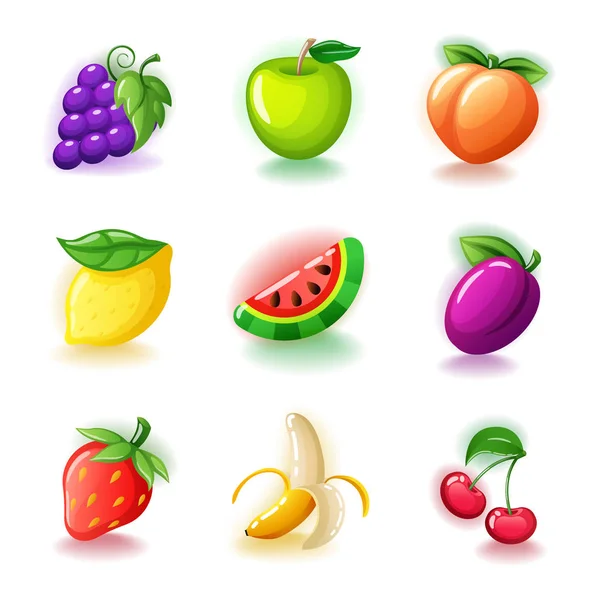 Conjunto de frutas de colores cerezas brillantes, uvas, plátano medio pelado, fresas maduras, limón, ciruela, sandía, melocotón y manzana verde iconos de frutas aislados en el vector blanco — Vector de stock