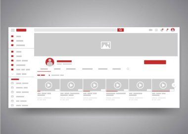 Web browser youtube video channel user interface page with search field and video list. Video player web site interface mock up. Vector web page template clipart
