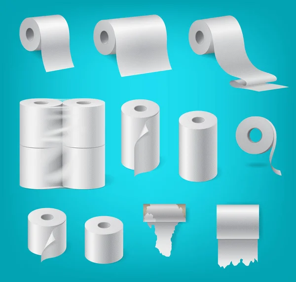 現実的な紙ロールセット、キッチンタオル、パッケージ化されたトイレ紙、現金テープ — ストックベクタ