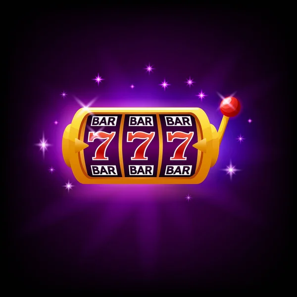 Lucky hét a slot machine, ikon az online kaszinó vagy mobil játék, szerencse esélye szimbólum, vektor illusztráció ragyog a sötét lila háttér. — Stock Vector