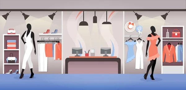 Kleiderladen Interieur, Kleider- und Accessoire-Boutique mit Regalen und Kassen — Stockvektor