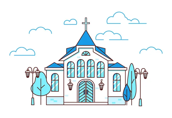 Line Art House kristen kyrka med träd och lyktor — Stock vektor