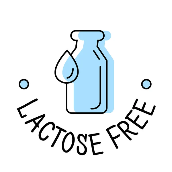 Icono de logotipo de etiqueta de producto sin lactosa con botella de leche azul y gota, plantilla para envasado de alimentos, vector — Vector de stock