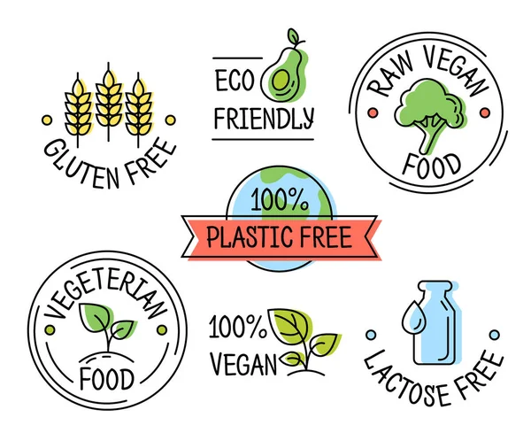 Set van lijn Eco logo iconen, gluten, kunststof, Lactosevrije etiketten, vegetarische gerechten — Stockvector