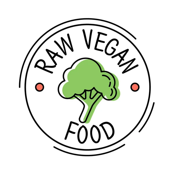 Rauwe Vegan voedsel labellijn stijl logo met groene broccoly, Sticker sjabloon voor productverpakking, Vector — Stockvector