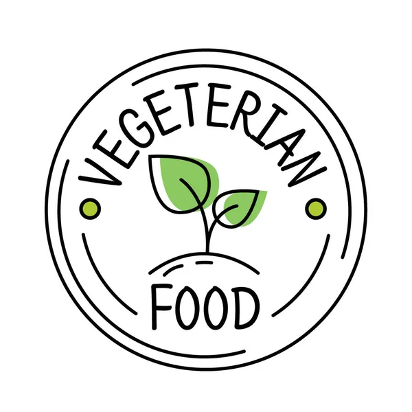 Etiqueta alimenticia vegetariana estilo línea logotipo con hoja verde, plantilla de pegatina para el embalaje del producto, vector — Vector de stock