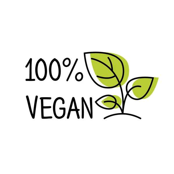100 Vegan labellijn stijl logo met groene blad, Sticker sjabloon voor productverpakking, Vector — Stockvector