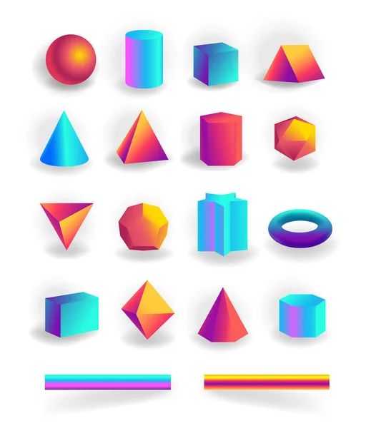 Set geometrischer 3D-Formen und editierbarer Striche mit isoliertem holographischen Verlauf — Stockvektor