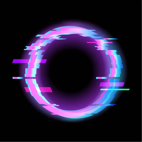 Kleurrijke glitch cirkel geometrische vorm, frame met neon glitch effect — Stockvector