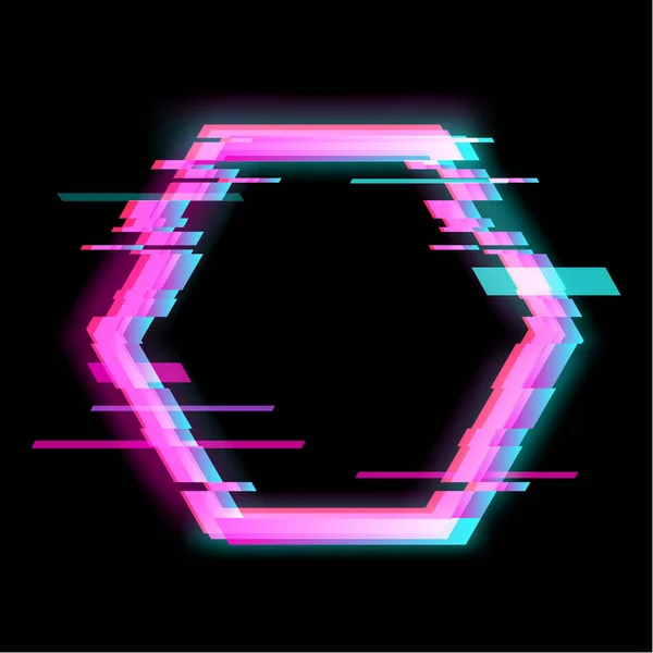 Forme géométrique hexagonale glitch colorée, cadre avec effet glitch néon — Image vectorielle