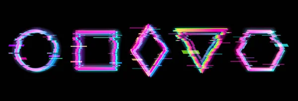 Bunte Glitch-geometrische Formen, Rahmen mit Neon-Effekt — Stockvektor