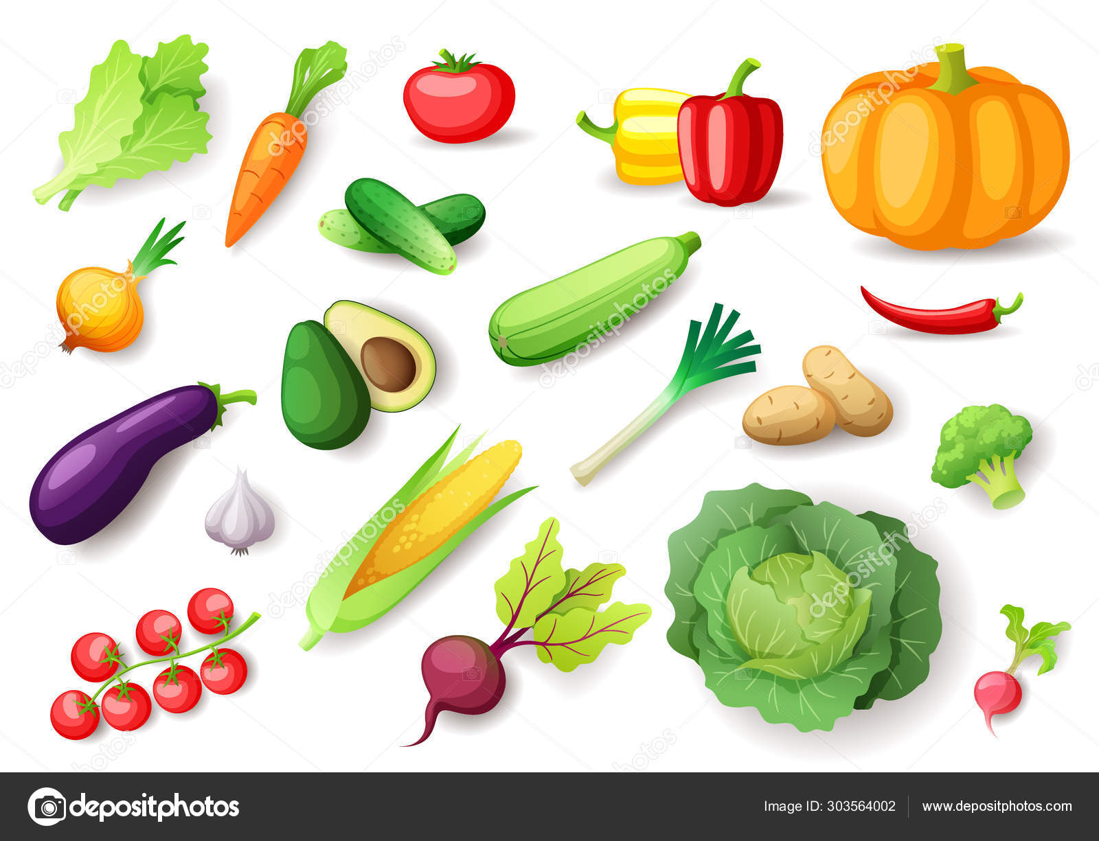 Coloridos vegetales frescos aislados, alimentos orgánicos saludables Vector  de stock #303564002 de ©MarySan_, image size:1600x1225