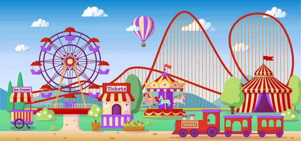 Parc d'attractions paysage panoramique, montagnes russes, carrousel, ferris wheel — Image vectorielle
